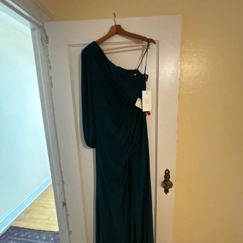 Mac Duggal 67879 Green One Shoulder Puff Sleeve Faux Wrap Gown - Picture 2 of 3